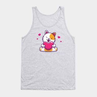 Cute Cat Sitting And Holding Love Cartoon Tank Top